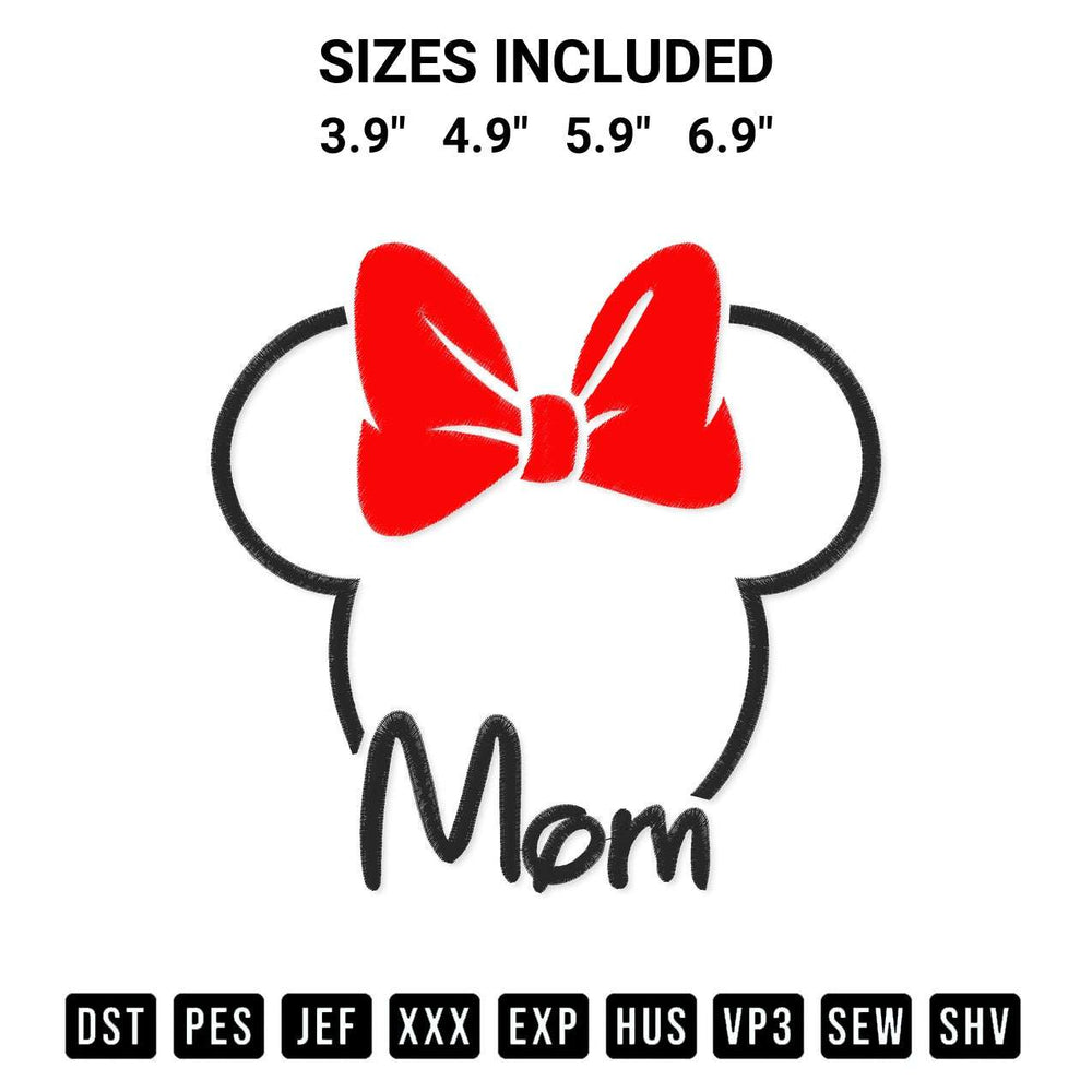 Add a unique touch to your apparel with the Mom Minnie Head Embroidery Design embroidery file. Premium instant download available now on Designspacks.com. Available sizes: 3.9", 4.9", 5.9", 6.9".