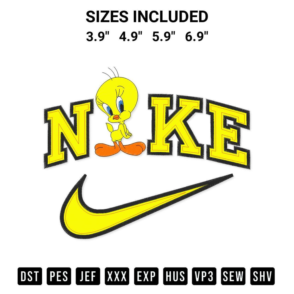 Get the Nike Tweety Bird Embroidery Design embroidery design for your custom crafts! Premium digitized files available for instant download at Designspacks.com. Available sizes: 3.9", 4.9", 5.9", 6.9".