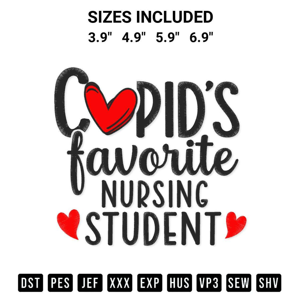 Create amazing crafts with the Cupids Favorite Nursing Student Embroidery Design embroidery file. High-quality digital download from Designspacks.com, perfect for beginners and pros. Available sizes: 3.9", 4.9", 5.9", 6.9".