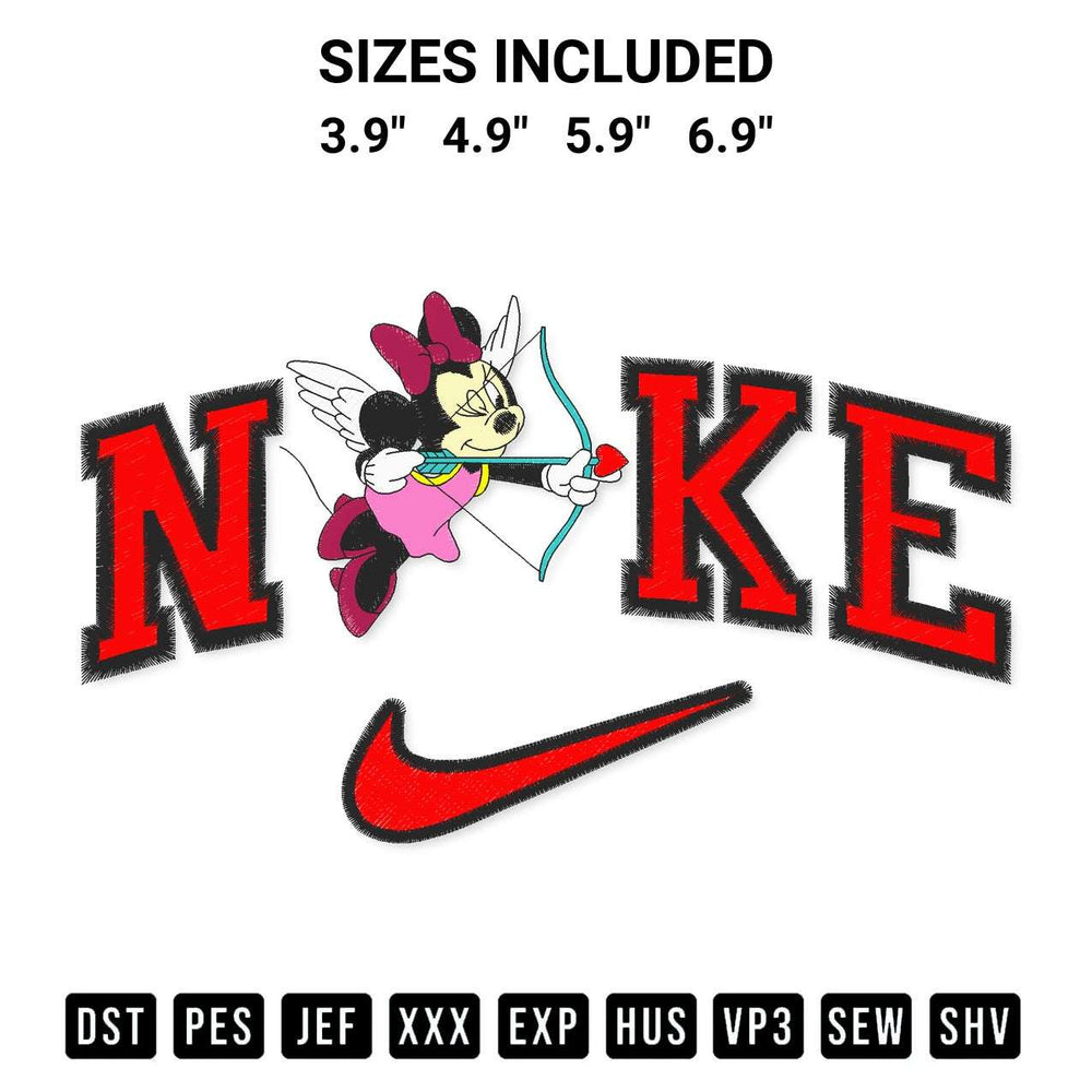 Create amazing crafts with the Nike Minnie Cupid Embroidery Design embroidery file. High-quality digital download from Designspacks.com, perfect for beginners and pros. Available sizes: 3.9", 4.9", 5.9", 6.9".