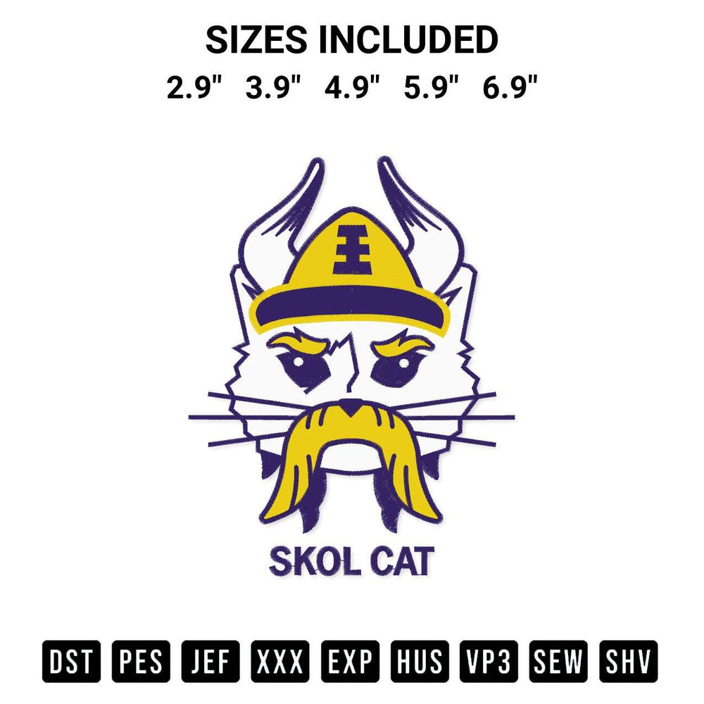Elevate your next project with our Minnesota Vikings Skol Cat Embroidery Design embroidery file. Shop high-quality digital patterns instantly at Designspacks.com. Available sizes: 2.9", 3.9", 4.9", 5.9", 6.9".