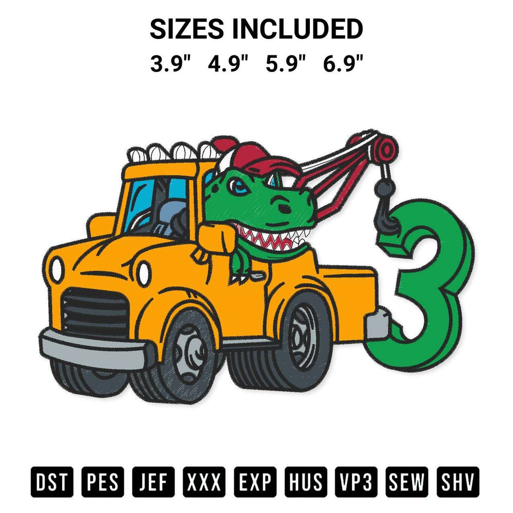 Stitch like a pro with the 3Th Birthday Tow Truck Dinosaur Embroidery Design embroidery pattern from Designspacks.com. High-quality digital machine embroidery file. Available sizes: 3.9", 4.9", 5.9", 6.9".