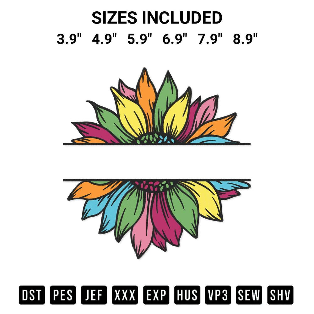 Get the Sunflower Split Your Name Embroidery Design embroidery design for your custom crafts! Premium digitized files available for instant download at Designspacks.com. Available sizes: 3.9", 4.9", 5.9", 6.9", 7.9", 8.9".