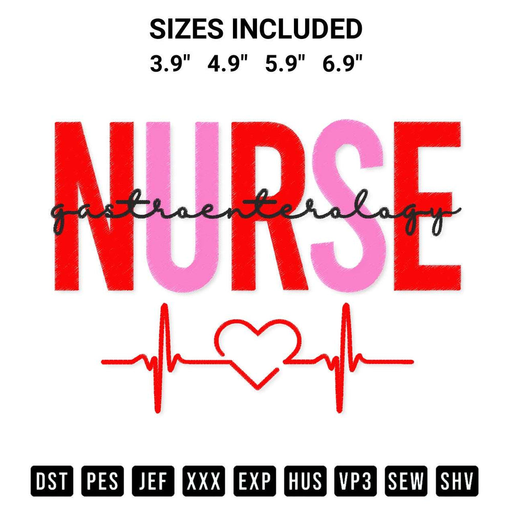 Create amazing crafts with the Nurse Gastroenterology Heartbeat Embroidery Design embroidery file. High-quality digital download from Designspacks.com, perfect for beginners and pros. Available sizes: 3.9", 4.9", 5.9", 6.9".