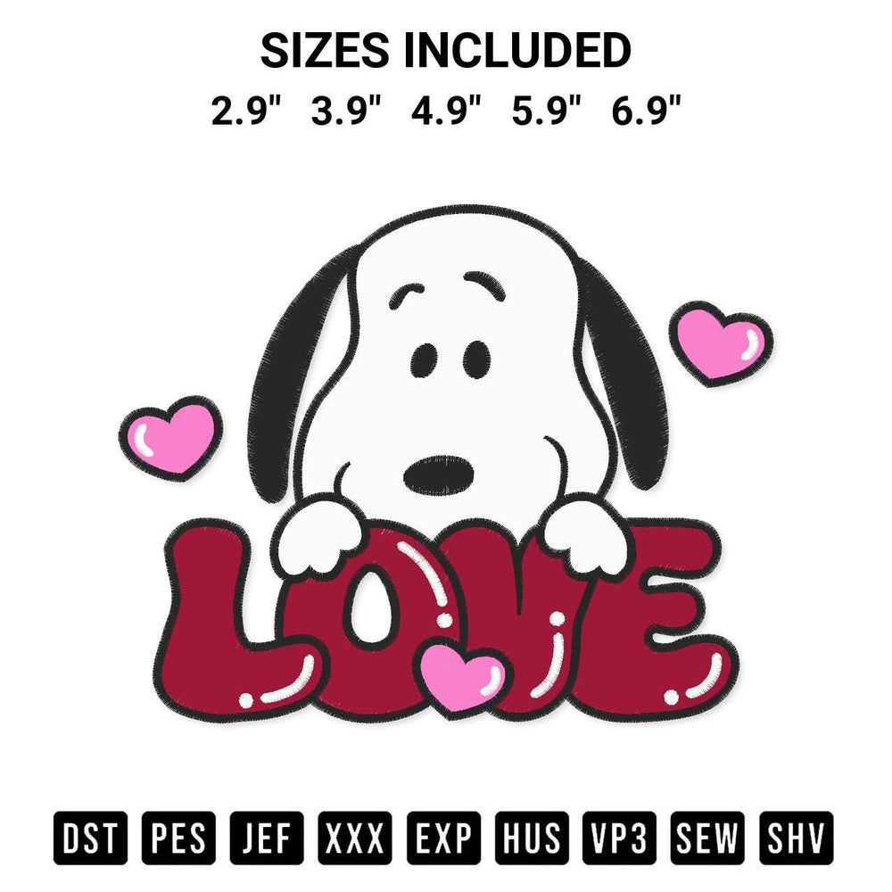 Transform your fabrics with the Snoopy Love Valentine Embroidery Design embroidery design. Instant access to premium digitized patterns at Designspacks.com. Available sizes: 2.9", 3.9", 4.9", 5.9", 6.9".