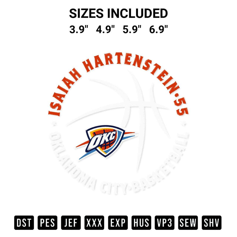 Download the Isaiah Hartenstein Oklahoma City Thunder Basketball Embroidery Design machine embroidery design exclusively at Designspacks.com. Premium digitized pattern for apparel and DIY crafts. Available sizes: 3.9", 4.9", 5.9", 6.9".