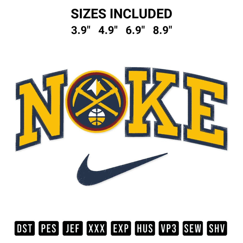 Stitch like a pro with the Denver Nuggets X Nike Embroidery Design embroidery pattern from Designspacks.com. High-quality digital machine embroidery file. Available sizes: 3.9", 4.9", 6.9", 8.9".