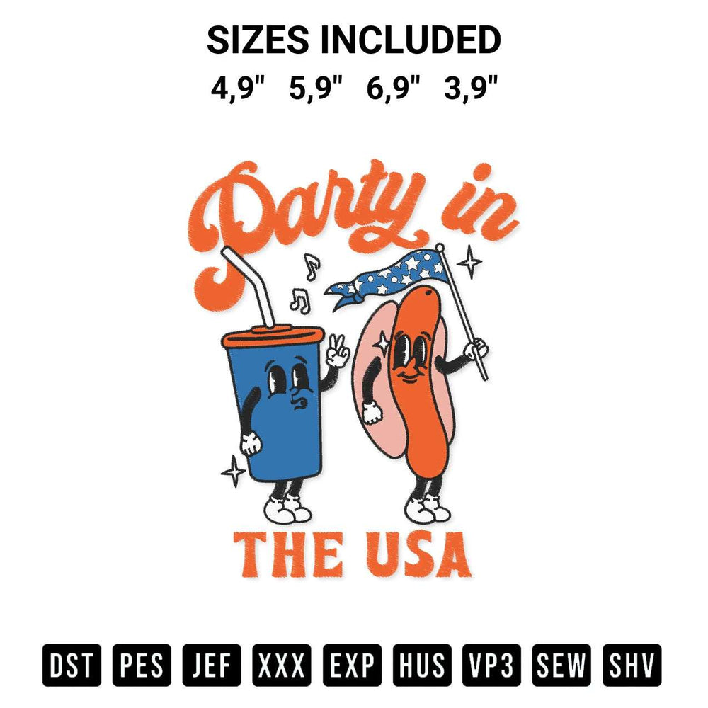 Looking for the perfect pattern? Download the Party In The Usa American Soda And Hot Dog 4Th Of July Patriotic Independence Day Logo Embroidery Design embroidery design today at Designspacks.com. Crisp, clean stitching guaranteed. Available sizes: 4,9", 5,9", 6,9", 3,9".