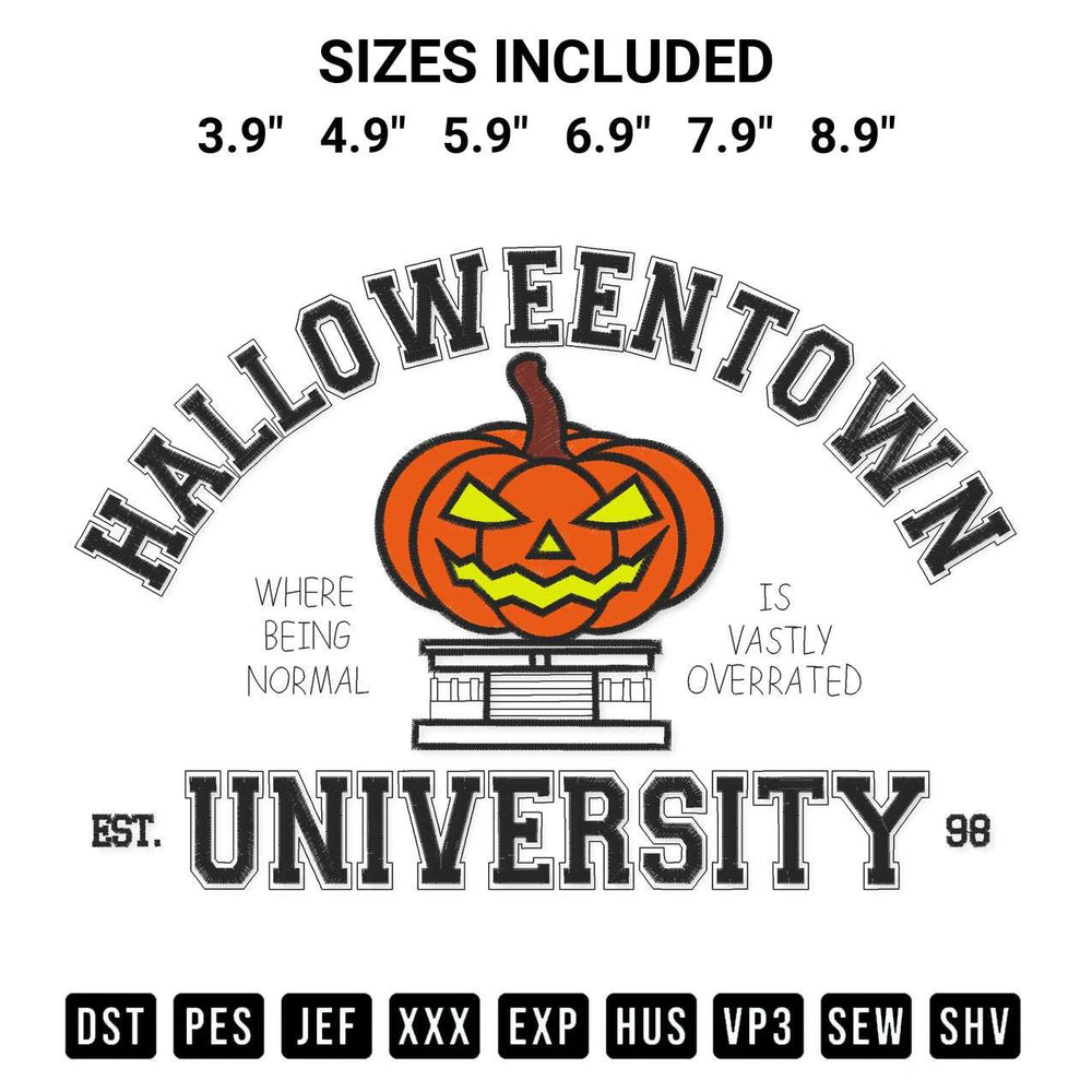 Elevate your next project with our Happy Halloweentown University Est 1998 Embroidery Design embroidery file. Shop high-quality digital patterns instantly at Designspacks.com. Available sizes: 3.9", 4.9", 5.9", 6.9", 7.9", 8.9".