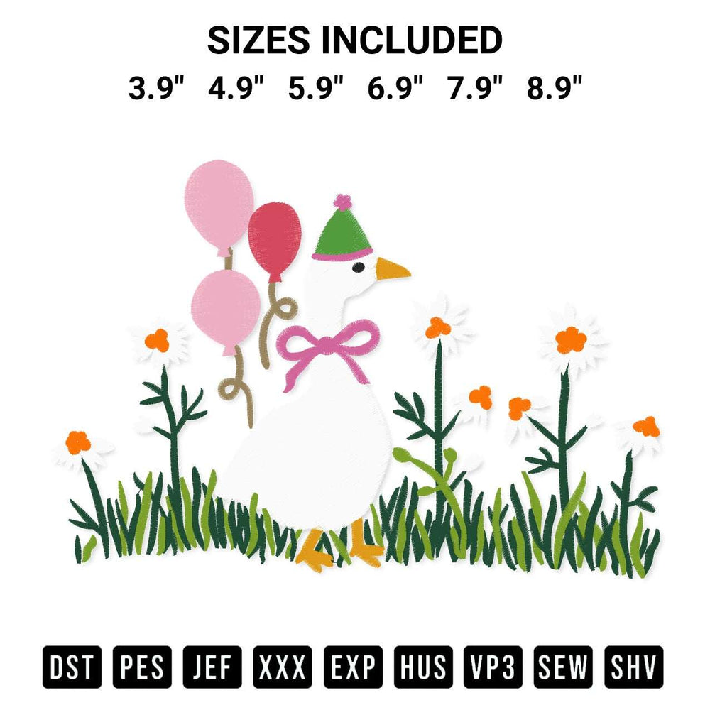 Transform your fabrics with the Silly Goose Birthday Embroidery Design embroidery design. Instant access to premium digitized patterns at Designspacks.com. Available sizes: 3.9", 4.9", 5.9", 6.9", 7.9", 8.9".