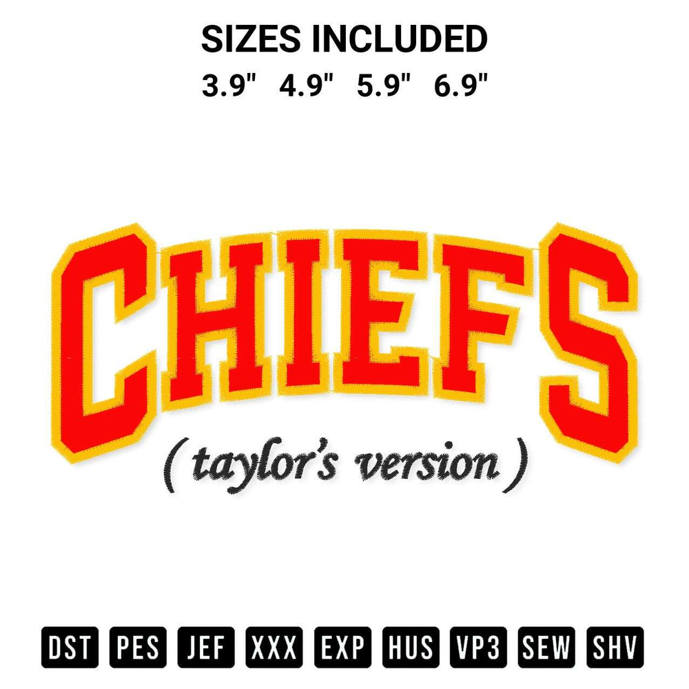 Elevate your next project with our Chiefs Taylors Version Embroidery Design embroidery file. Shop high-quality digital patterns instantly at Designspacks.com. Available sizes: 3.9", 4.9", 5.9", 6.9".