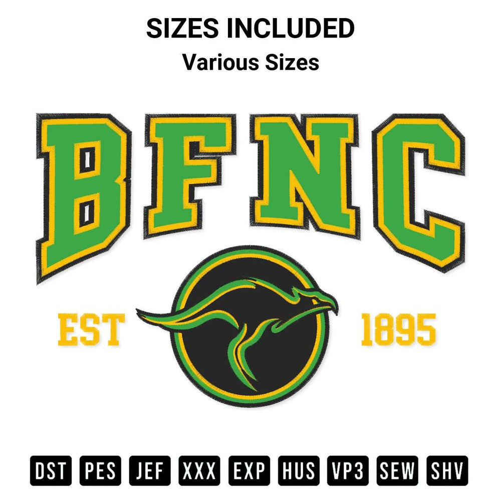 Download the Bfnc Est 1895 Embroidery Design machine embroidery design exclusively at Designspacks.com. Premium digitized pattern for apparel and DIY crafts. Available sizes: Various Sizes.