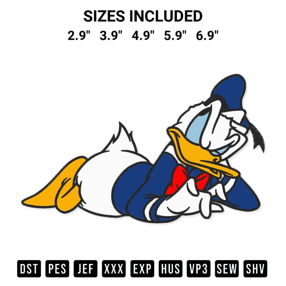 Looking for the perfect pattern? Download the Donald Duck Relaxing Pose Embroidery Design embroidery design today at Designspacks.com. Crisp, clean stitching guaranteed. Available sizes: 2.9", 3.9", 4.9", 5.9", 6.9".