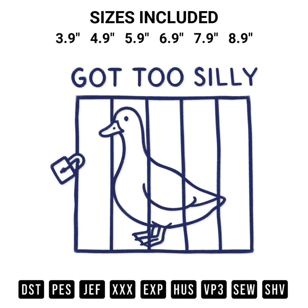 Looking for the perfect pattern? Download the Got Too Silly Jail Meme Embroidery Design embroidery design today at Designspacks.com. Crisp, clean stitching guaranteed. Available sizes: 3.9", 4.9", 5.9", 6.9", 7.9", 8.9".