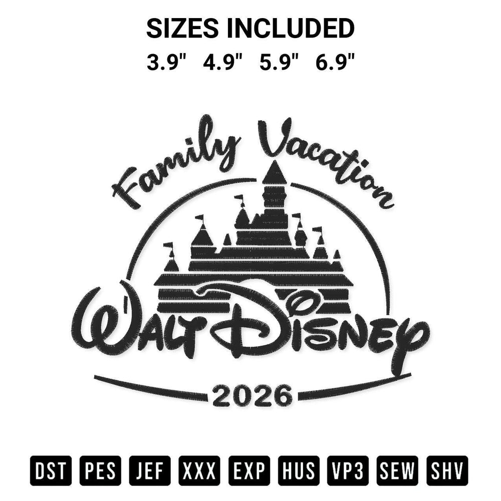 Get the Walt Disney Family Vacation 2026 Embroidery Design embroidery design for your custom crafts! Premium digitized files available for instant download at Designspacks.com. Available sizes: 3.9", 4.9", 5.9", 6.9".