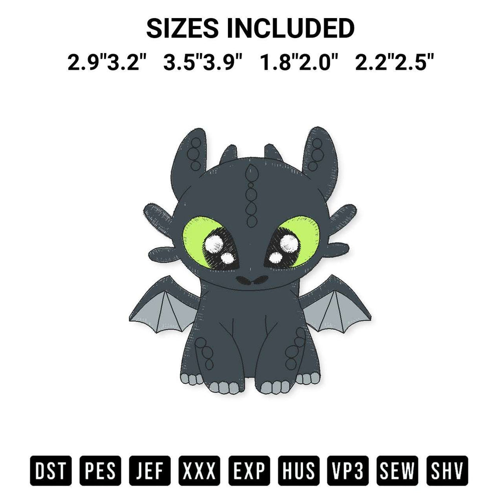 Add a unique touch to your apparel with the Toothless Dragon Embroidery Design embroidery file. Premium instant download available now on Designspacks.com. Available sizes: 2.9"3.2", 3.5"3.9", 1.8"2.0", 2.2"2.5".