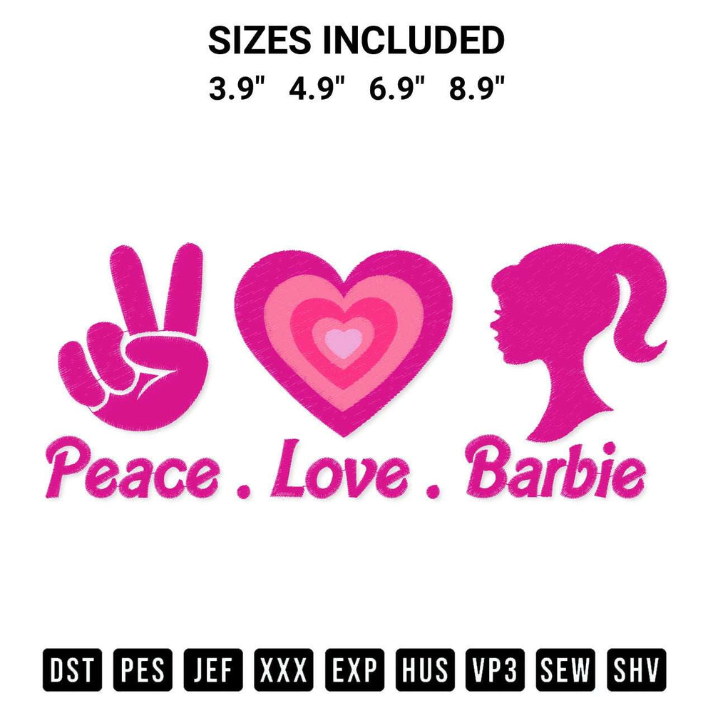 Discover the perfect addition to your crafting collection: Peace Love Barbie Embroidery Design embroidery file. Instantly available at Designspacks.com. Available sizes: 3.9", 4.9", 6.9", 8.9".