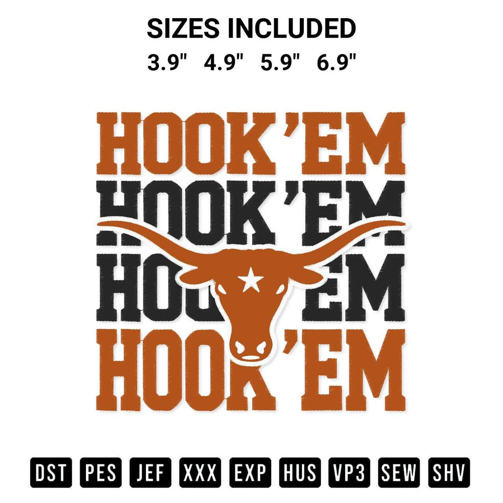 Discover the perfect addition to your crafting collection: Hook Em Horns Embroidery Design embroidery file. Instantly available at Designspacks.com. Available sizes: 3.9", 4.9", 5.9", 6.9".