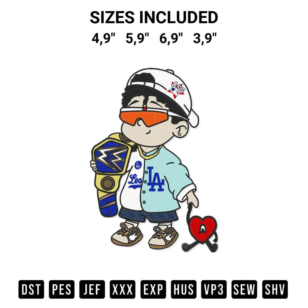 Shop the Baby Benito Bad Bunny Baseball Los Angeles Dodgers Bad Bunny Sad Heart Logo Embroidery Design machine embroidery pattern at Designspacks.com. Beautifully digitized for flawless stitching on any fabric. Available sizes: 4,9", 5,9", 6,9", 3,9".