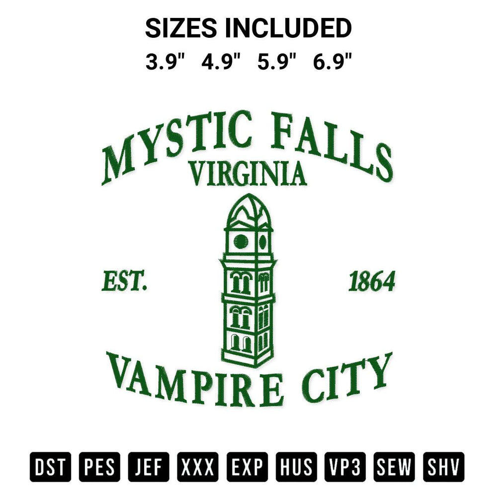 Stitch like a pro with the Mystic Falls Vampire City Est 1864 Embroidery Design embroidery pattern from Designspacks.com. High-quality digital machine embroidery file. Available sizes: 3.9", 4.9", 5.9", 6.9".