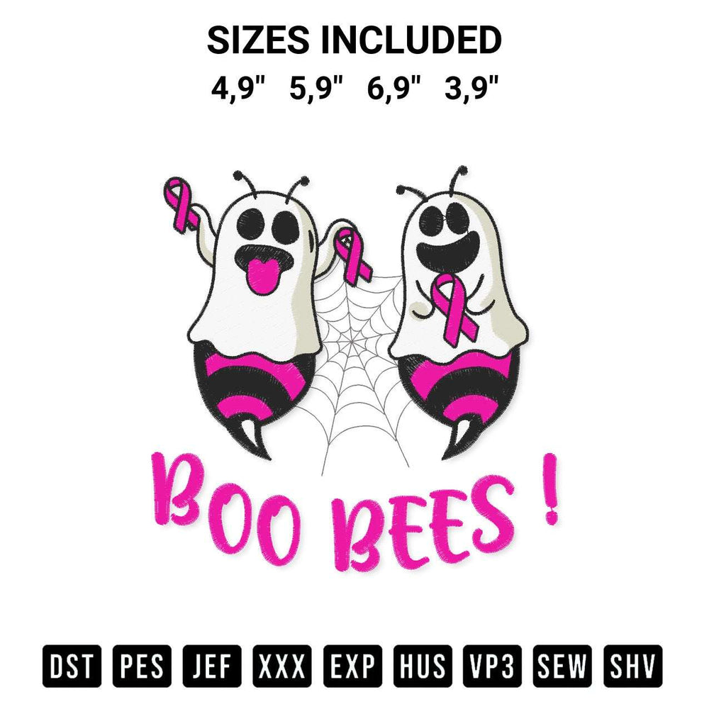 Stitch like a pro with the Boo Bees Ghost Bees Funny Breast Cancer Halloween Logo Embroidery Design embroidery pattern from Designspacks.com. High-quality digital machine embroidery file. Available sizes: 4,9", 5,9", 6,9", 3,9".