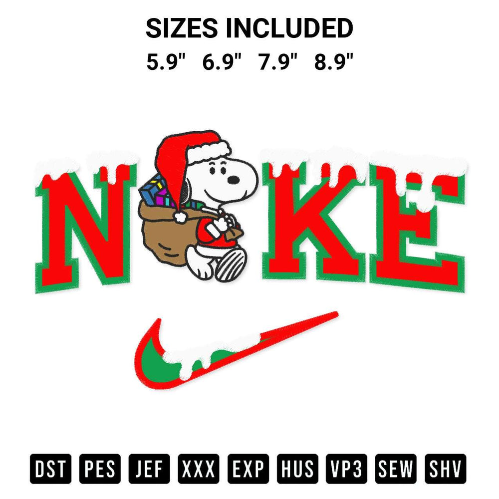 Get the Nike Santa Snoopy With Gift Bag Embroidery Design embroidery design for your custom crafts! Premium digitized files available for instant download at Designspacks.com. Available sizes: 5.9", 6.9", 7.9", 8.9".