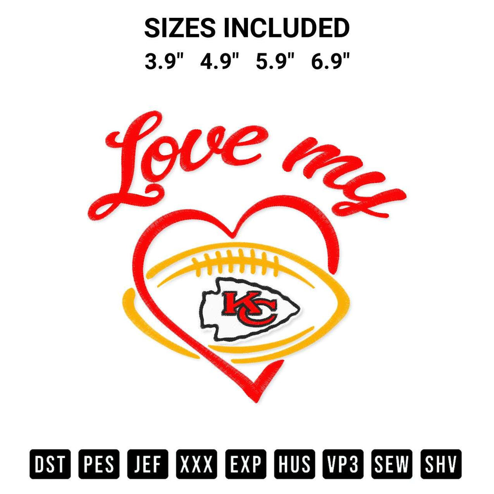 Discover the perfect addition to your crafting collection: Love My Kansas City Chiefs Embroidery Design embroidery file. Instantly available at Designspacks.com. Available sizes: 3.9", 4.9", 5.9", 6.9".