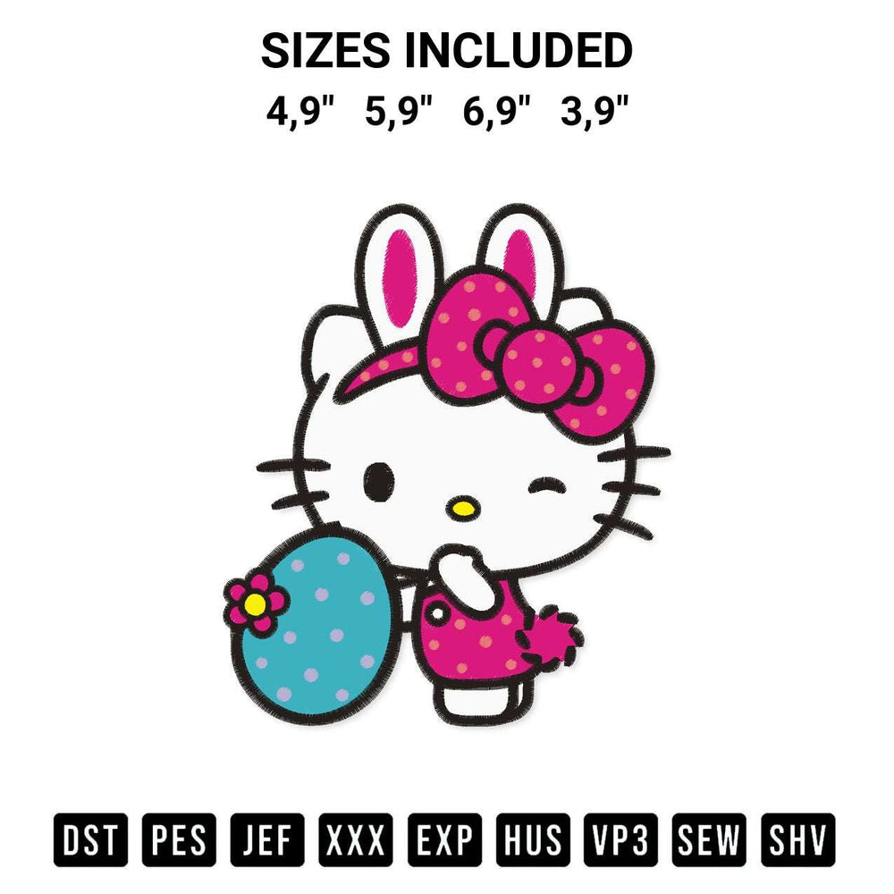 Looking for the perfect pattern? Download the Hello Kitty With Bunny Ear Eggs Logo Embroidery Design embroidery design today at Designspacks.com. Crisp, clean stitching guaranteed. Available sizes: 4,9", 5,9", 6,9", 3,9".