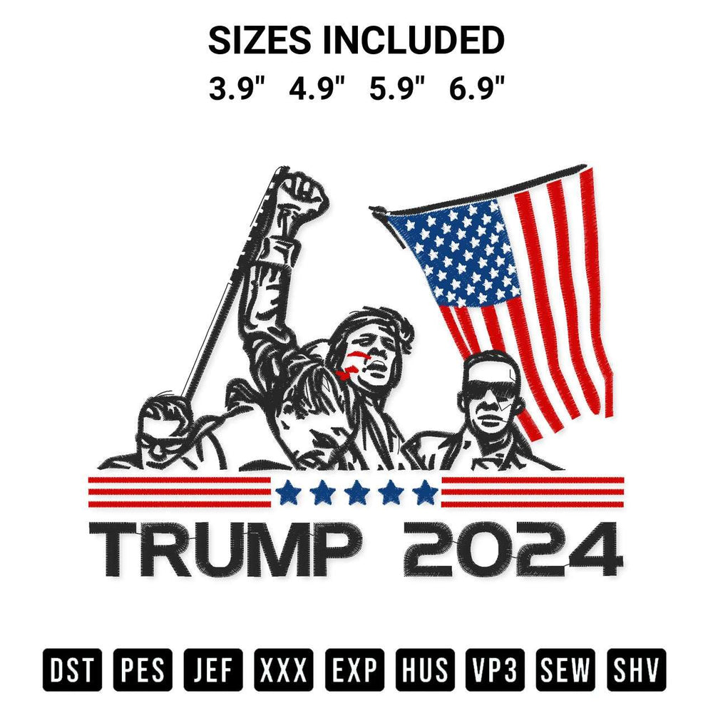 Get the Trump 2024 Trending Embroidery Design embroidery design for your custom crafts! Premium digitized files available for instant download at Designspacks.com. Available sizes: 3.9", 4.9", 5.9", 6.9".