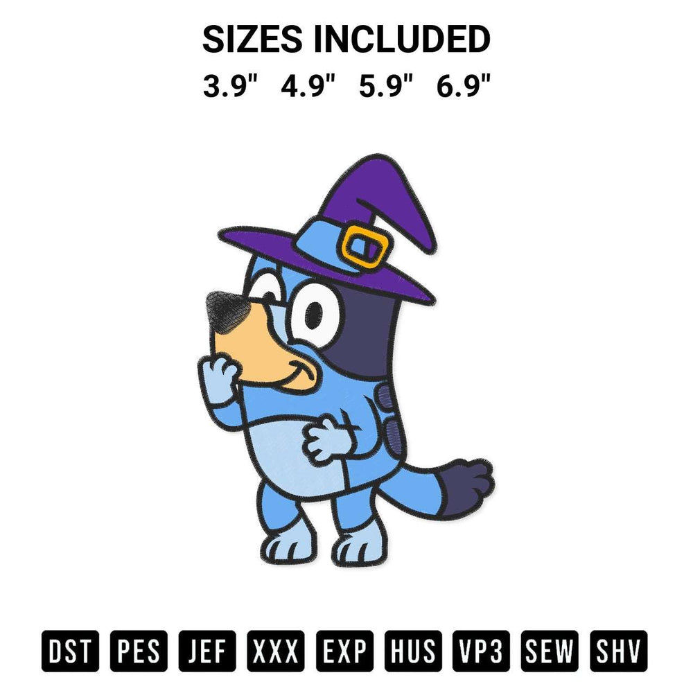 Elevate your next project with our Bluey Witches Halloween Embroidery Design embroidery file. Shop high-quality digital patterns instantly at Designspacks.com. Available sizes: 3.9", 4.9", 5.9", 6.9".