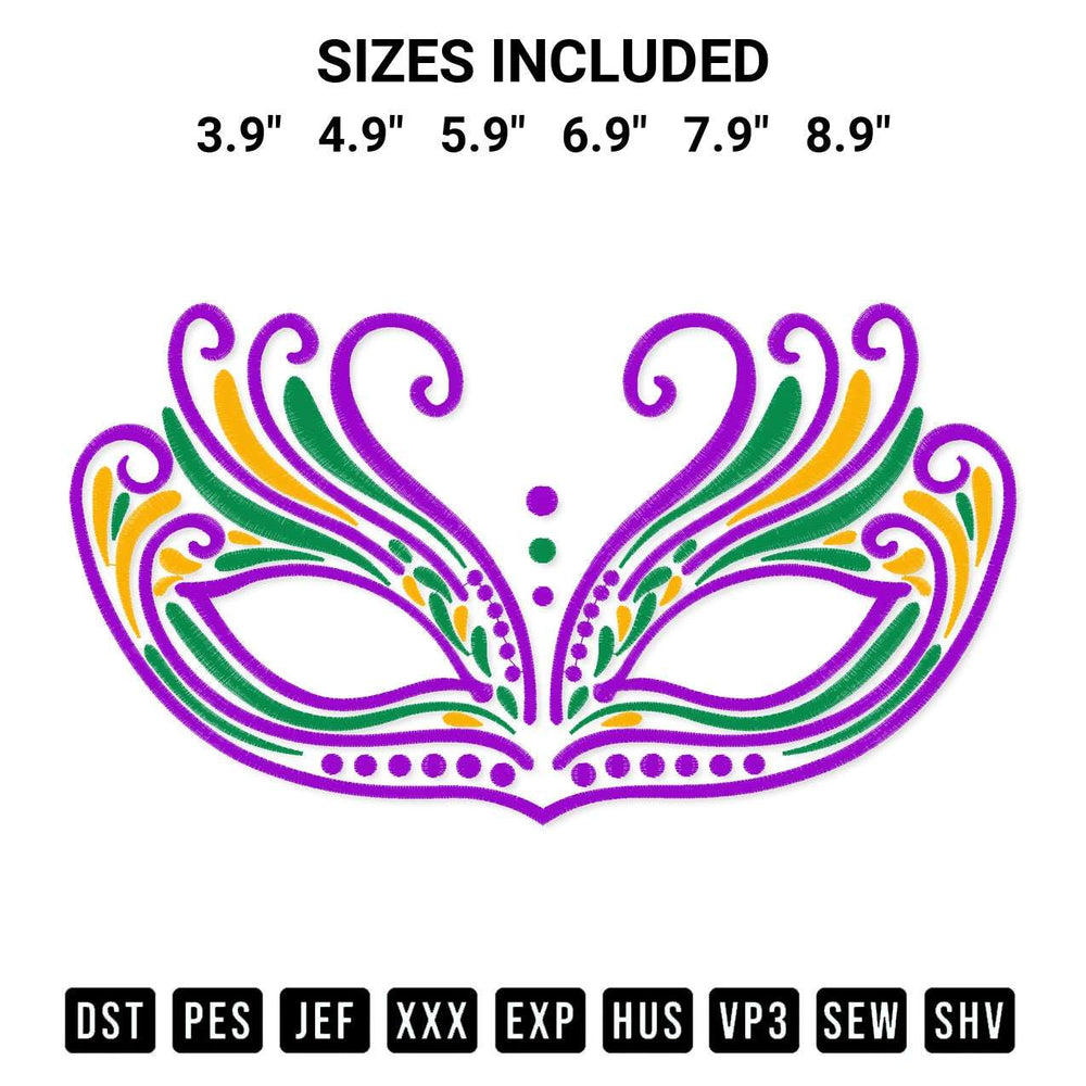 Stitch like a pro with the Mardi Gras Mask Embroidery Design embroidery pattern from Designspacks.com. High-quality digital machine embroidery file. Available sizes: 3.9", 4.9", 5.9", 6.9", 7.9", 8.9".