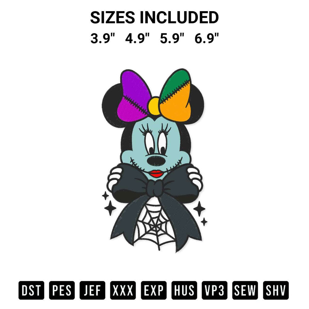 Stitch like a pro with the Halloween Minnie Sally Coquette Embroidery Design embroidery pattern from Designspacks.com. High-quality digital machine embroidery file. Available sizes: 3.9", 4.9", 5.9", 6.9".
