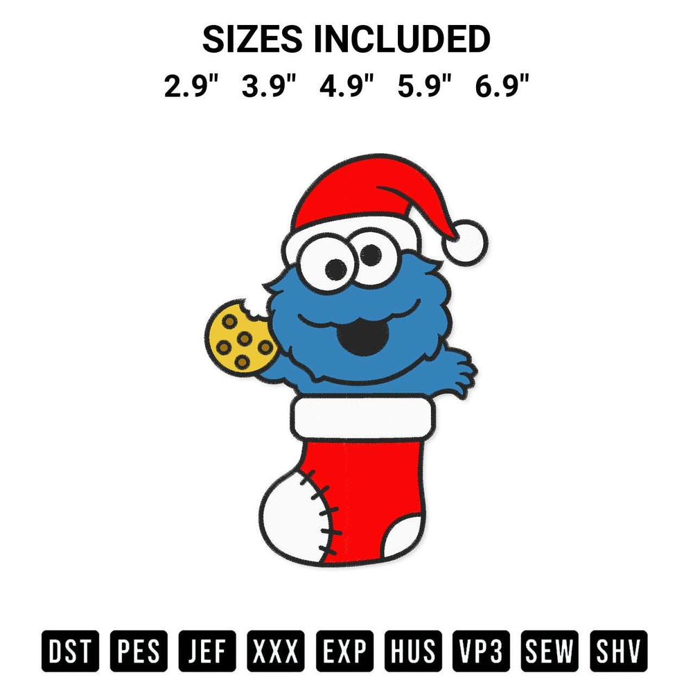 Download the Cookie Monster In Stocking Christmas Embroidery Design machine embroidery design exclusively at Designspacks.com. Premium digitized pattern for apparel and DIY crafts. Available sizes: 2.9", 3.9", 4.9", 5.9", 6.9".