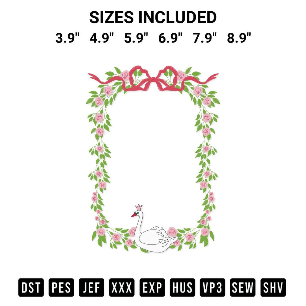 Elevate your next project with our Princess Swan Bow And Little Flowers Frame Embroidery Design embroidery file. Shop high-quality digital patterns instantly at Designspacks.com. Available sizes: 3.9", 4.9", 5.9", 6.9", 7.9", 8.9".