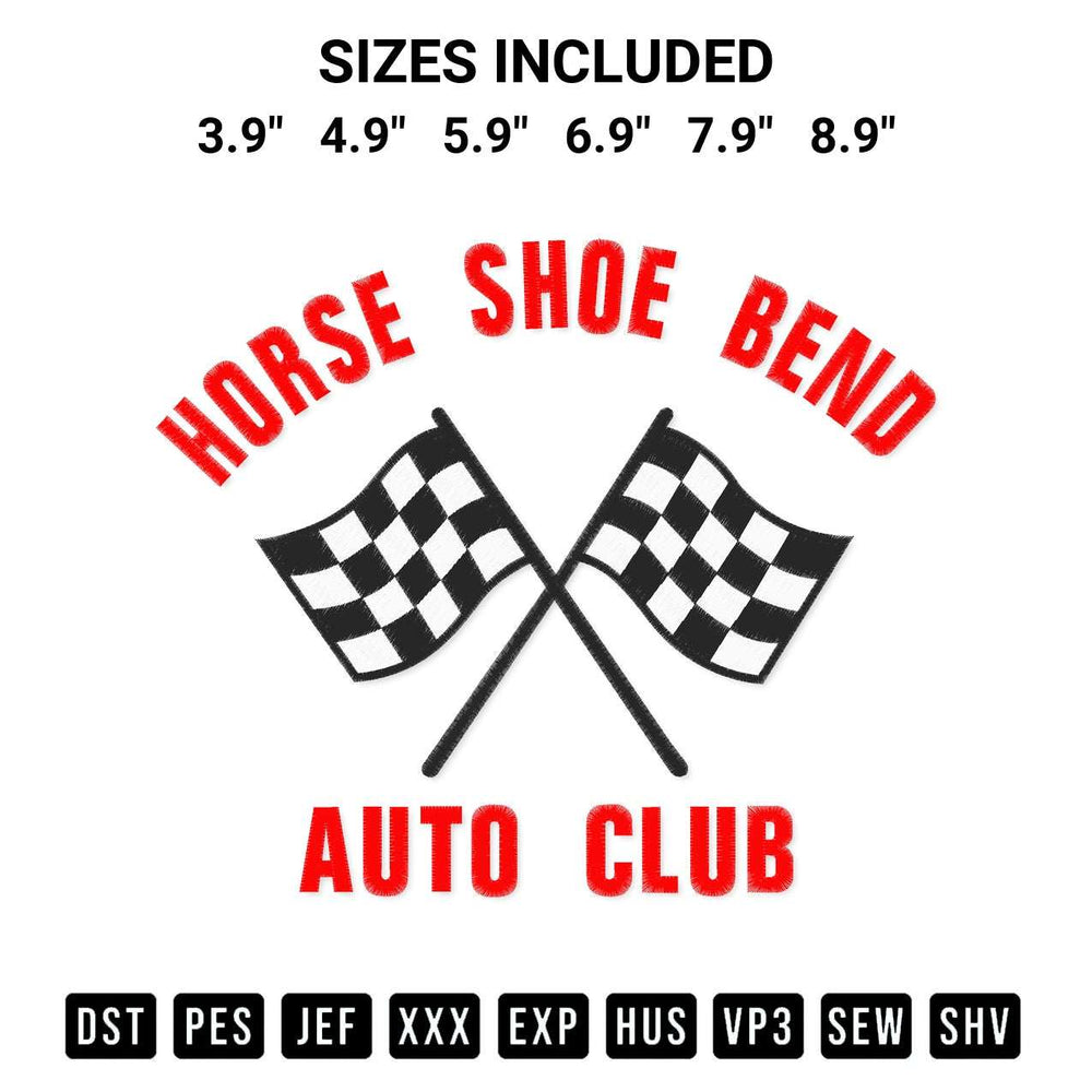 Shop the Horse Shoe Bend Auto Club Embroidery Design machine embroidery pattern at Designspacks.com. Beautifully digitized for flawless stitching on any fabric. Available sizes: 3.9", 4.9", 5.9", 6.9", 7.9", 8.9".