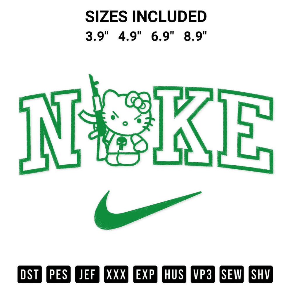 Transform your fabrics with the Hello Kitty Ak 47 X Nike Embroidery Design embroidery design. Instant access to premium digitized patterns at Designspacks.com. Available sizes: 3.9", 4.9", 6.9", 8.9".