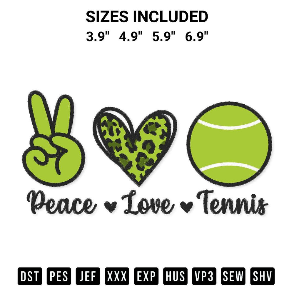 Get the Peace Love Tennis Embroidery Design embroidery design for your custom crafts! Premium digitized files available for instant download at Designspacks.com. Available sizes: 3.9", 4.9", 5.9", 6.9".