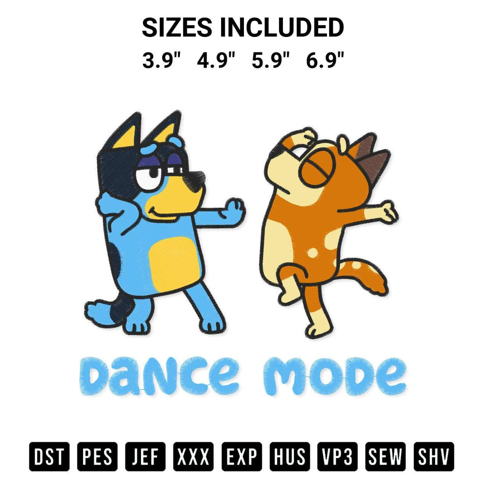 Download the Bluey Dance Mode Embroidery Design machine embroidery design exclusively at Designspacks.com. Premium digitized pattern for apparel and DIY crafts. Available sizes: 3.9", 4.9", 5.9", 6.9".