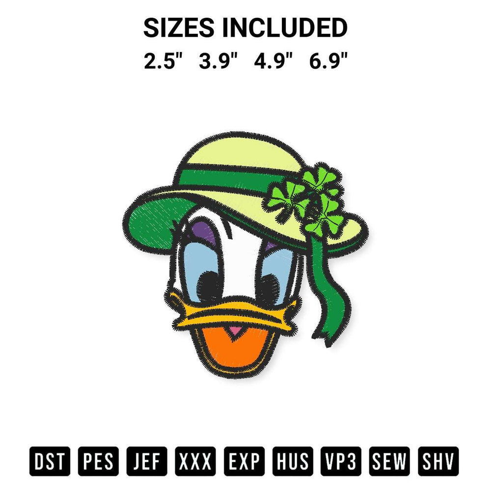 Get the Daisy Duck Face St Patricks Day Embroidery Design embroidery design for your custom crafts! Premium digitized files available for instant download at Designspacks.com. Available sizes: 2.5", 3.9", 4.9", 6.9".