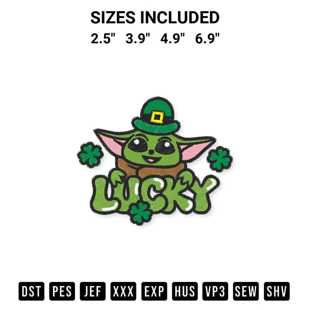 Add a unique touch to your apparel with the Lucky Baby Yoda St Patricks Day Embroidery Design embroidery file. Premium instant download available now on Designspacks.com. Available sizes: 2.5", 3.9", 4.9", 6.9".