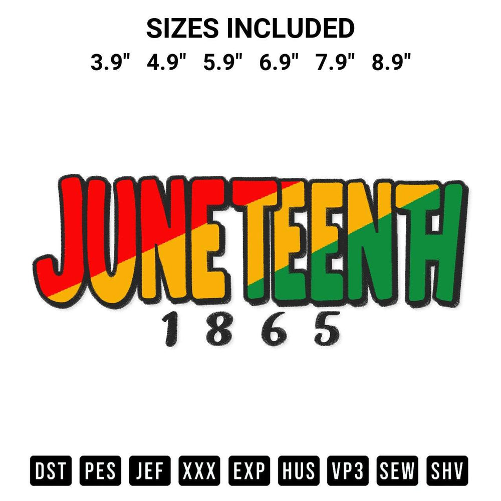 Download the Juneteenth 1865 Embroidery Design machine embroidery design exclusively at Designspacks.com. Premium digitized pattern for apparel and DIY crafts. Available sizes: 3.9", 4.9", 5.9", 6.9", 7.9", 8.9".