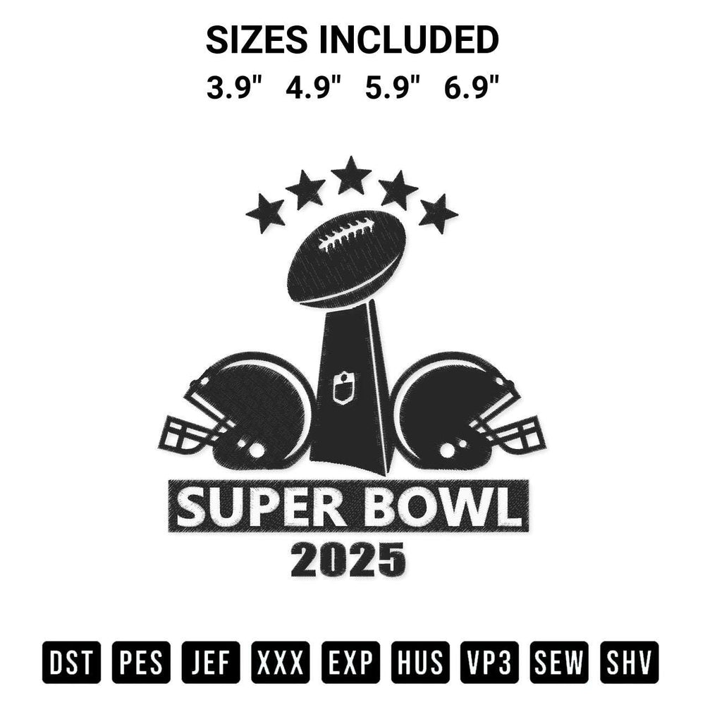 Download the Super Bowl 2025 Trophy Embroidery Design machine embroidery design exclusively at Designspacks.com. Premium digitized pattern for apparel and DIY crafts. Available sizes: 3.9", 4.9", 5.9", 6.9".