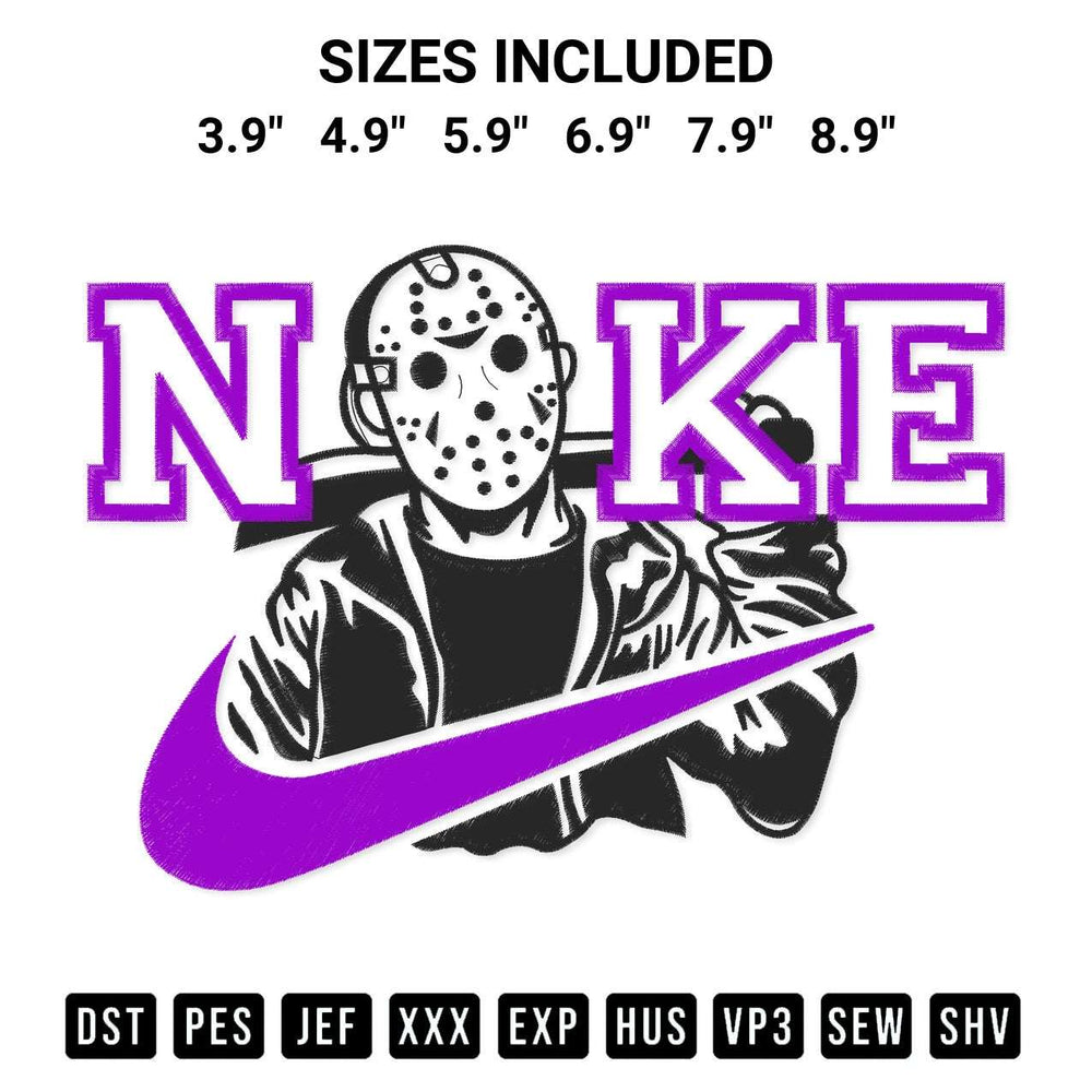 Transform your fabrics with the Jason Voorhees Nike Embroidery Design embroidery design. Instant access to premium digitized patterns at Designspacks.com. Available sizes: 3.9", 4.9", 5.9", 6.9", 7.9", 8.9".