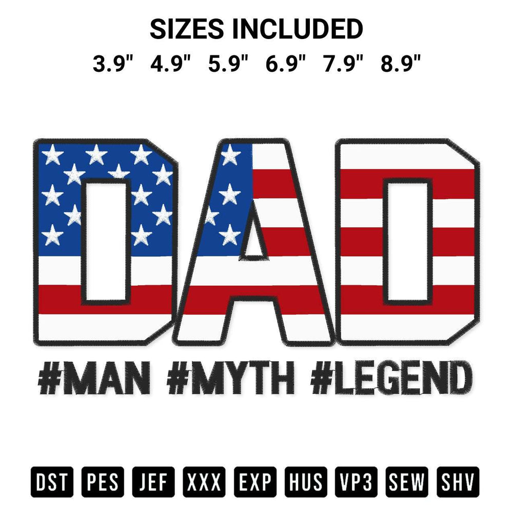 Shop the Dad Man Myth Legend Embroidery Design machine embroidery pattern at Designspacks.com. Beautifully digitized for flawless stitching on any fabric. Available sizes: 3.9", 4.9", 5.9", 6.9", 7.9", 8.9".