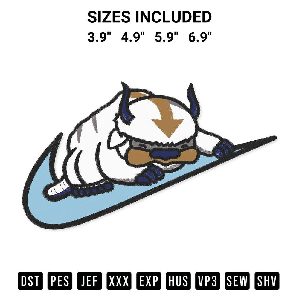 Add a unique touch to your apparel with the Appa Swoosh Nike Embroidery Design embroidery file. Premium instant download available now on Designspacks.com. Available sizes: 3.9", 4.9", 5.9", 6.9".