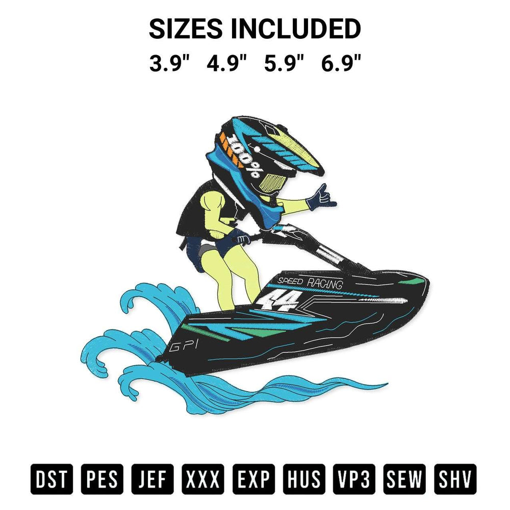 Stitch like a pro with the Jet Ski Racing Embroidery Design embroidery pattern from Designspacks.com. High-quality digital machine embroidery file. Available sizes: 3.9", 4.9", 5.9", 6.9".