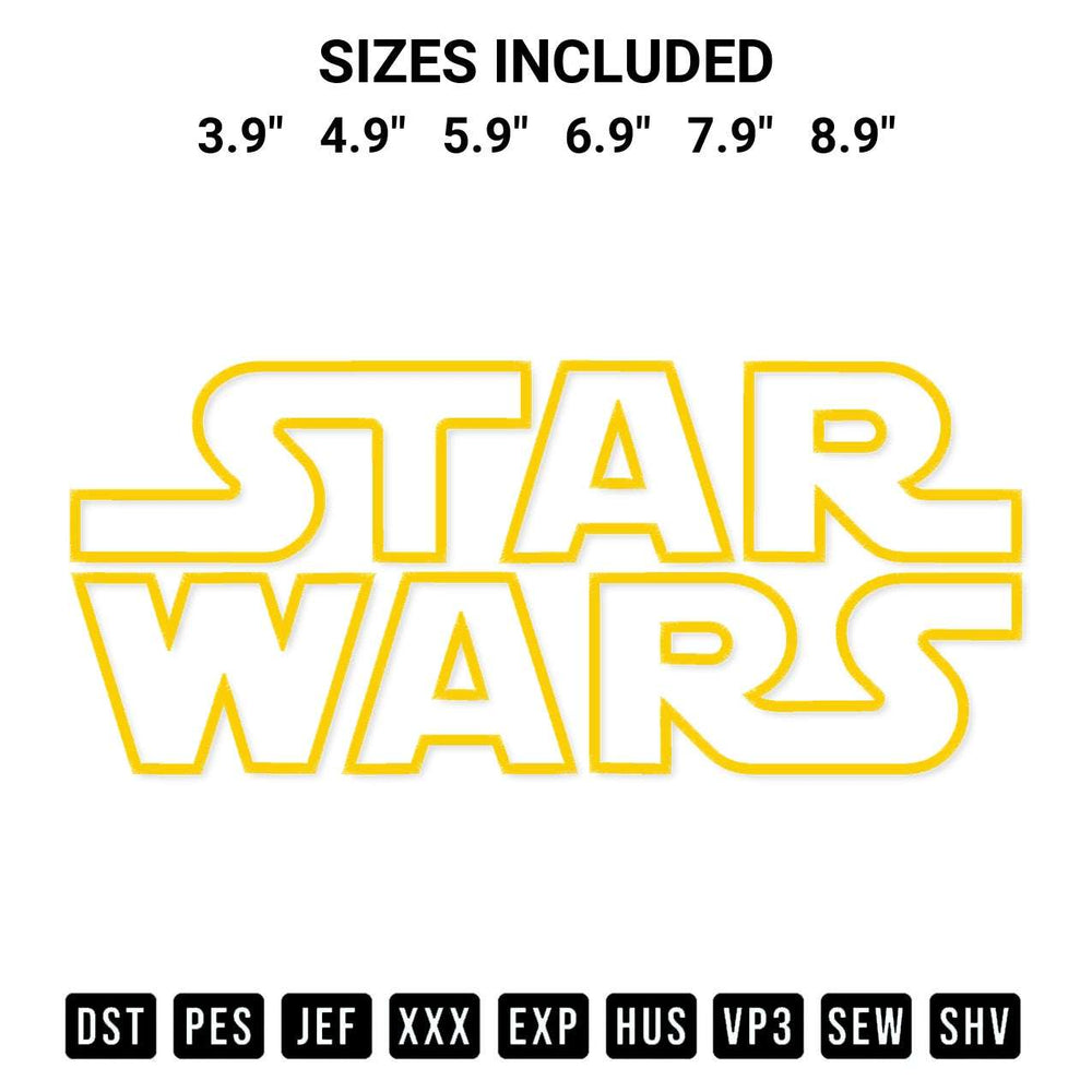 Shop the Star Wars Logo Embroidery Design machine embroidery pattern at Designspacks.com. Beautifully digitized for flawless stitching on any fabric. Available sizes: 3.9", 4.9", 5.9", 6.9", 7.9", 8.9".