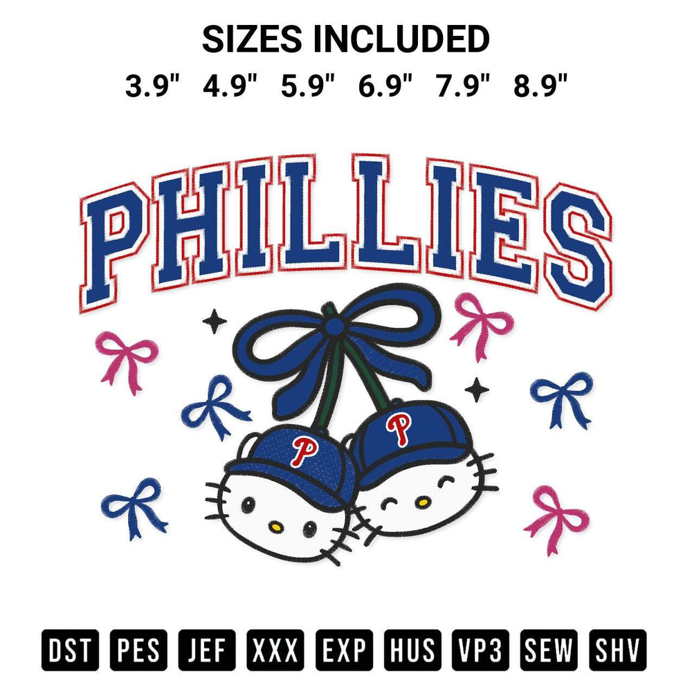 Create amazing crafts with the Philadelphia Phillies Hello Kitty Cherries Embroidery Design embroidery file. High-quality digital download from Designspacks.com, perfect for beginners and pros. Available sizes: 3.9", 4.9", 5.9", 6.9", 7.9", 8.9".