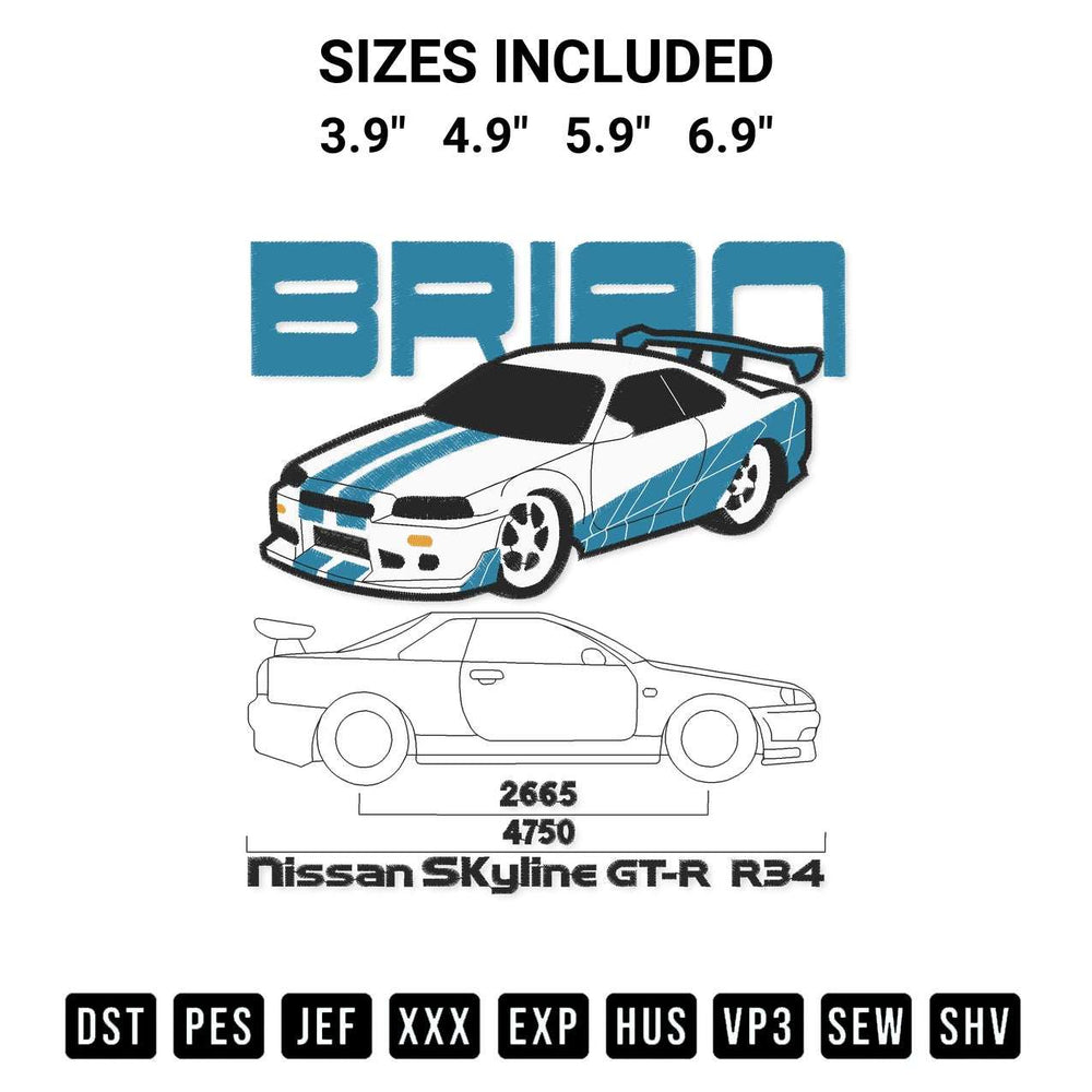 Transform your fabrics with the Brian Nissan Skyline R34 Embroidery Design embroidery design. Instant access to premium digitized patterns at Designspacks.com. Available sizes: 3.9", 4.9", 5.9", 6.9".