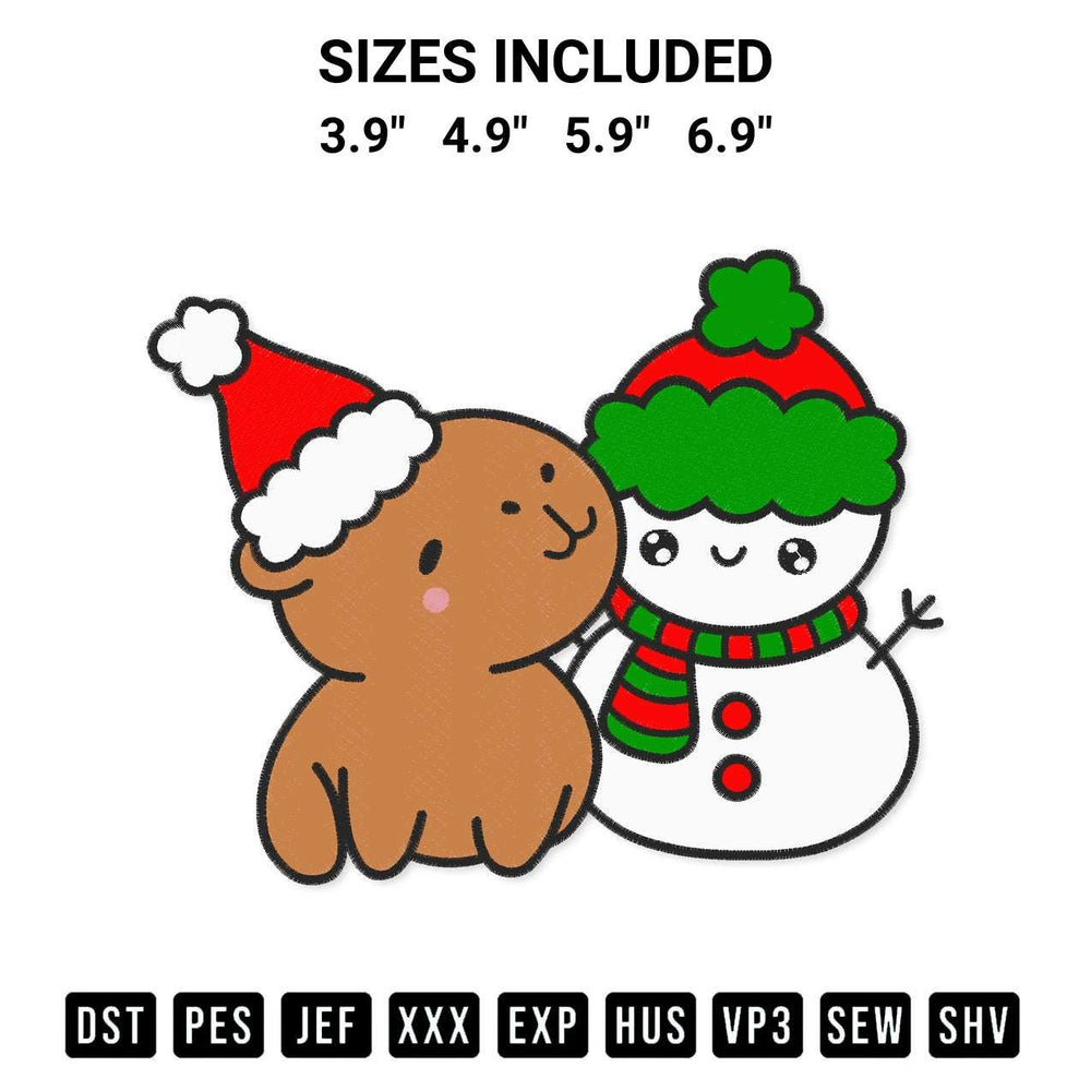 Download the Cute Capybara With Snowman Christmas Embroidery Design machine embroidery design exclusively at Designspacks.com. Premium digitized pattern for apparel and DIY crafts. Available sizes: 3.9", 4.9", 5.9", 6.9".